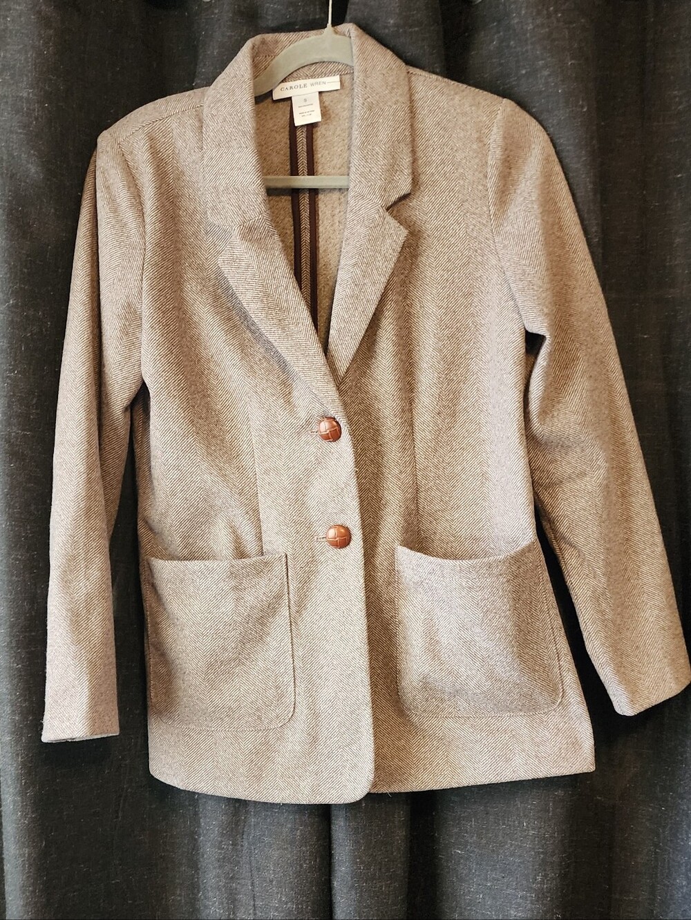 Carole Wren Herringbone Blazer • Beige Tailored Suit Jacket • Classic Button Fro